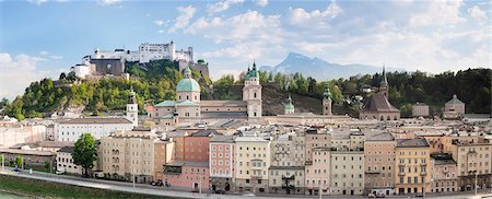 High angle view of the old town with Hohensalzburg Fortress, Dom Cathedral and Kappuzinerkirche Church, UNESCO World Heritage Site, Salzburg, Salzburger Land, Austria, Europe Stock Photo - Premium Royalty-Free, Code: 6119-07451857