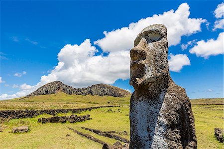 Single moai statue guards the entrance at the 15 moai restored ceremonial site of Ahu Tongariki on Easter Island (Isla de Pascua) (Rapa Nui), UNESCO World Heritage Site, Chile, South America Stock Photo - Premium Royalty-Free, Code: 6119-07587359