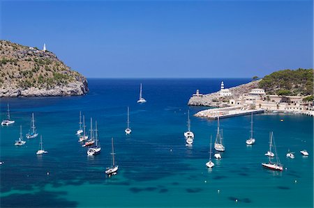 spain, not people - View over the port to the lighthouses at Cap Gros and  Punt de sa Creu, Port de Soller, Majorca (Mallorca), Balearic Islands, Spain, Mediterranean, Europe Stock Photo - Premium Royalty-Free, Code: 6119-07845490
