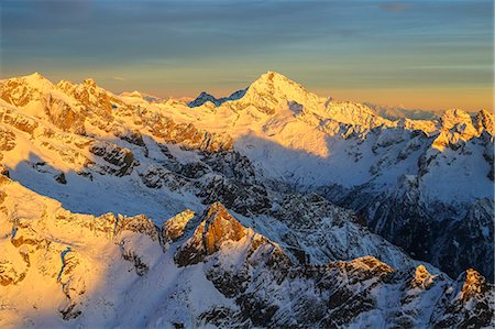 Aerial view of Mount Disgrazia at sunset, Masino Valley, Valtellina, Lombardy, Italy, Europe Stock Photo - Premium Royalty-Free, Code: 6119-08242886