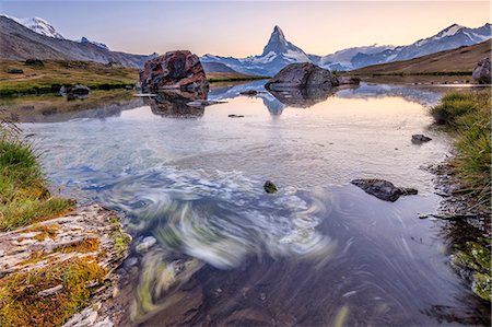 pennine alps - The Matterhorn reflected in Lake Stellisee at dawn, Zermatt, Canton of Valais, Pennine Alps, Swiss Alps, Switzerland, Europe Stock Photo - Premium Royalty-Free, Code: 6119-08420426