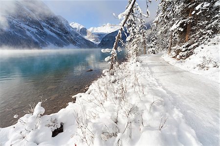 path, water - Path along Lake Louise, Banff National Park, UNESCO World Heritage Site, Rocky Mountains, Alberta, Canada, North America Foto de stock - Sin royalties Premium, Código: 6119-08517963