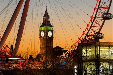 London Eye (Millennium Wheel) frames Big Ben at sunset, London, England, United Kingdom, Europe Stock Photo - Premium Royalty-Free, Code: 6119-08797458