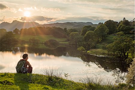 simsearch:841-07590500,k - A woman looks out over Loughrigg Tarn near Ambleside, Lake District National Park, Cumbria, England, United Kingdom, Europe Stock Photo - Premium Royalty-Free, Code: 6119-08797431