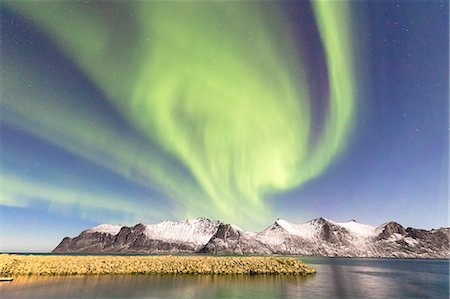 Northern lights (aurora borealis) on snowy peaks and icy sea along Mefjorden seen from the village of Mefjordvaer, Senja, Troms, Norway, Scandinavia, Europe Stock Photo - Premium Royalty-Free, Code: 6119-09074132