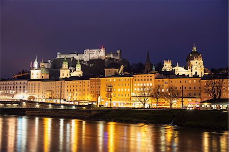 View of the old town, UNESCO World Heritage Site, and Hohensalzburg Castle at dusk, Salzburg, Austria, Europe Stock Photo - Premium Royalty-Free, Code: 6119-09156629