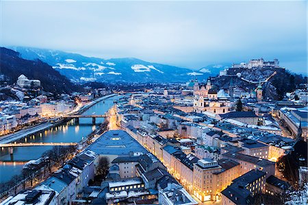 View over the old town, UNESCO World Heritage Site, and Hohensalzburg Castle at dusk, Salzburg, Austria, Europe Stock Photo - Premium Royalty-Free, Code: 6119-09156633