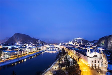 View over the old town, UNESCO World Heritage Site, Markus church and Hohensalzburg Castle at dusk, Salzburg, Austria, Europe Stock Photo - Premium Royalty-Free, Code: 6119-09156630