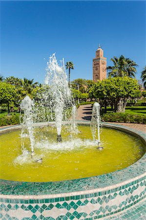 simsearch:841-07083294,k - View of Koutoubia Mosque and fountain in Parc Lalla Hasna during daytime, Marrakesh, Morocco, North Africa, Africa Stock Photo - Premium Royalty-Free, Code: 6119-09170301