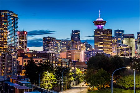 View of city skyline and Vancouver Lookout Tower at dusk from Portside, Vancouver, British Columbia, Canada, North America Stock Photo - Premium Royalty-Free, Code: 6119-09101932