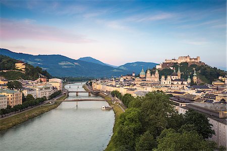 View of Salzach River and Hohensalzburg Castle above The Old City, Salzburg, Austria, Europe Stock Photo - Premium Royalty-Free, Code: 6119-09126871