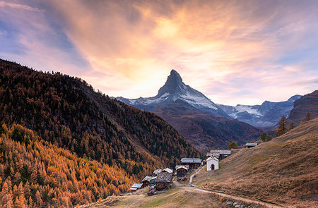 exterior color for house in the forest - Village of Findeln by Matterhorn at sunset in Zermatt, Switzerland, Europe Stock Photo - Premium Royalty-Free, Code: 6119-09253328