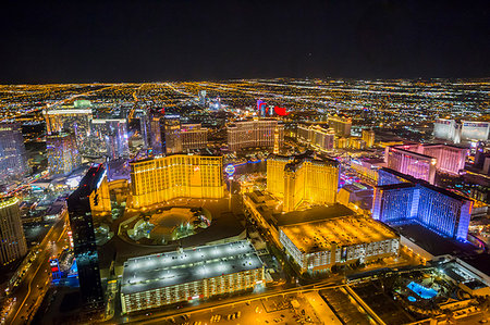 View of Las Vegas and The Strip from helicopter at night, Las Vegas, Nevada, United States of America, North America Stock Photo - Premium Royalty-Free, Code: 6119-09203595