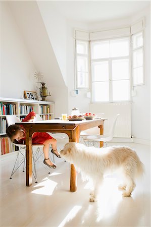simsearch:649-05800987,k - Girl playing with dog at kitchen table Stock Photo - Premium Royalty-Free, Code: 6122-08229571