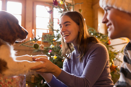 simsearch:649-06401393,k - Happy brother and sister playing with dog in Christmas living room Stock Photo - Premium Royalty-Free, Code: 6124-09188750