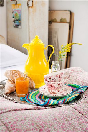 Sweden, View of tray with breakfast on bed Stock Photo - Premium Royalty-Free, Code: 6126-08643140