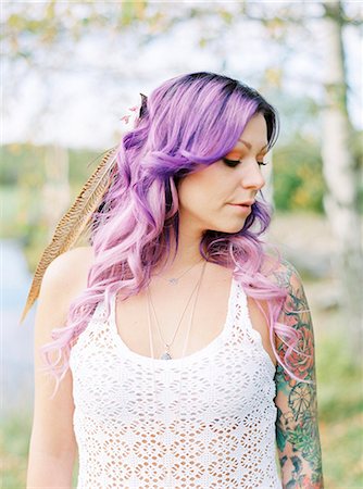 simsearch:6126-08644727,k - Sweden, Bride with long purple hair and tattoo at hippie wedding Stock Photo - Premium Royalty-Free, Code: 6126-08644290