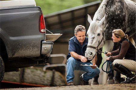 Two horse handlers checking and making preparations for their horse. Stock Photo - Premium Royalty-Free, Code: 6128-08766771
