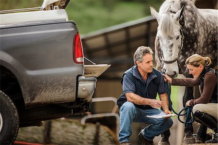 Two horse handlers checking and making preparations for their horse. Foto de stock - Sin royalties Premium, Código: 6128-08766772