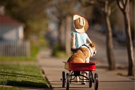 simsearch:673-03826592,k - Young girl pulling her bulldog in a red wagon. Stock Photo - Premium Royalty-Free, Code: 6128-08780853
