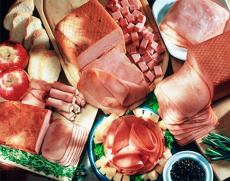 simsearch:625-01261270,k - High angle view of assorted ham products Stock Photo - Premium Royalty-Free, Code: 625-00848899