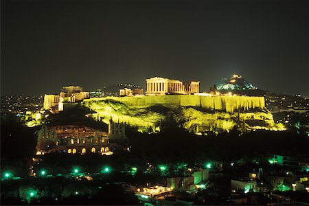 High angle view of buildings in a city lit up at night, Parthenon, Athens, Greece Stock Photo - Premium Royalty-Free, Code: 625-01094421