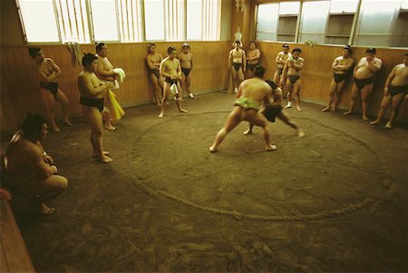 simsearch:841-03056192,k - Sumo wrestlers practicing in a ring, Tokyo Prefecture, Japan Stock Photo - Premium Royalty-Free, Code: 625-01261836