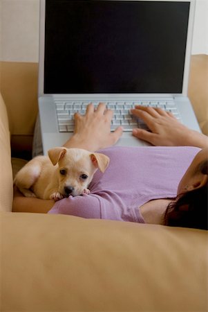 single young woman sitting on sofa with laptop - Young woman lying on a couch and working on a laptop with a puppy beside her Stock Photo - Premium Royalty-Free, Code: 625-01746596