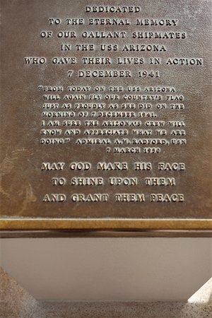 Close-up of a memorial plaque, USS Arizona Memorial, Pearl Harbor, Honolulu, Oahu, Hawaii Islands, USA Stock Photo - Premium Royalty-Free, Code: 625-01751072