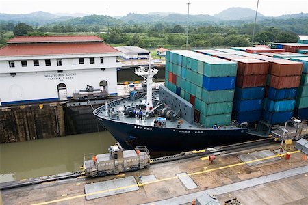 simsearch:625-01751647,k - Cargo containers in a container ship at a commercial dock, Miraflores Locks, Panama Canal, Panama Stock Photo - Premium Royalty-Free, Code: 625-01751667