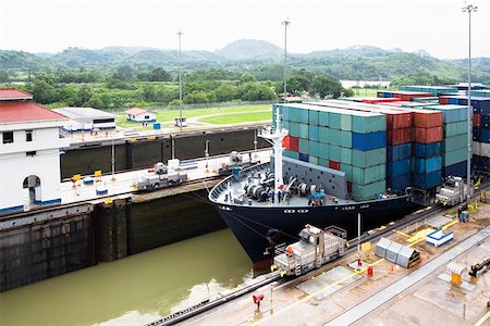 simsearch:625-01751647,k - Cargo containers in a container ship at a commercial dock, Panama Canal, Panama Stock Photo - Premium Royalty-Free, Code: 625-01751686