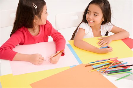 pencil painting pictures images kids - High angle view of two schoolgirls drawing together in a classroom Stock Photo - Premium Royalty-Free, Code: 625-02928947