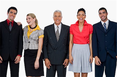 Portrait of two businesswomen and three businessmen standing side by side and smiling Stock Photo - Premium Royalty-Free, Code: 625-02929543