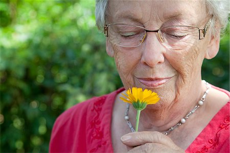 Old woman smelling at dandelion flower Stock Photo - Premium Royalty-Free, Code: 628-07072574
