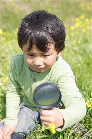 simsearch:633-05401710,k - Japanese boy looking at flowers with magnifying glass Stock Photo - Premium Royalty-Free, Code: 622-02758474
