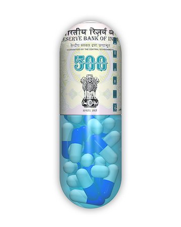 pharmaceutical illustration - Five hundred rupees banknote on a capsule Stock Photo - Premium Royalty-Free, Code: 630-06724082