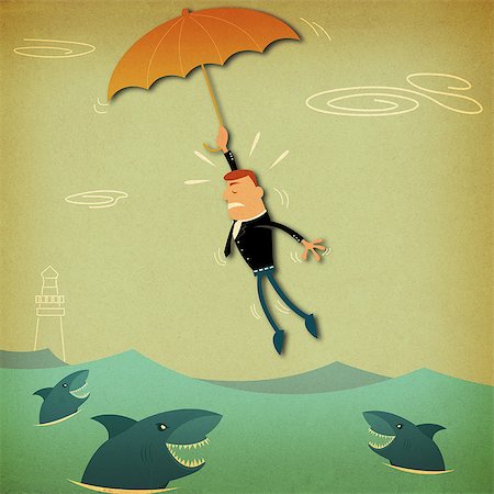 simsearch:630-06724175,k - Businessman flying with an umbrella over the sea Stock Photo - Premium Royalty-Free, Code: 630-06724105