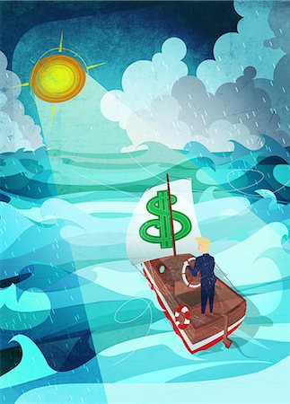 financial concept - Businessman guiding a boat towards the shining sun during a rainstorm Stock Photo - Premium Royalty-Free, Code: 630-06724262