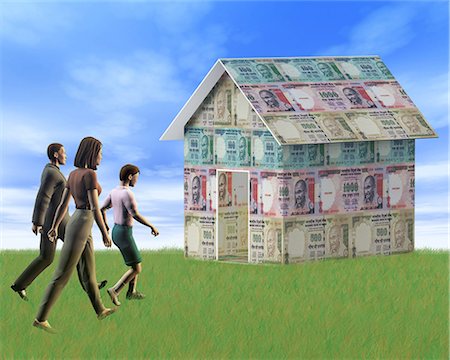 financial, illustration - Family walking towards a home covering with rupees Stock Photo - Premium Royalty-Free, Code: 630-06723749