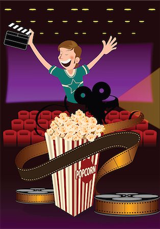 film reel - Man holding a film slate in a movie theater with popcorn Stock Photo - Premium Royalty-Free, Code: 630-06723750