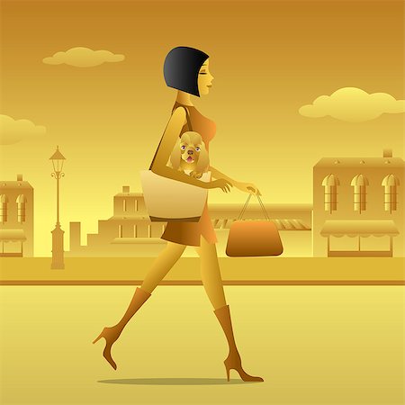 fashion graphics - Woman carrying a dog in her purse walking on the road Stock Photo - Premium Royalty-Free, Code: 630-06723914