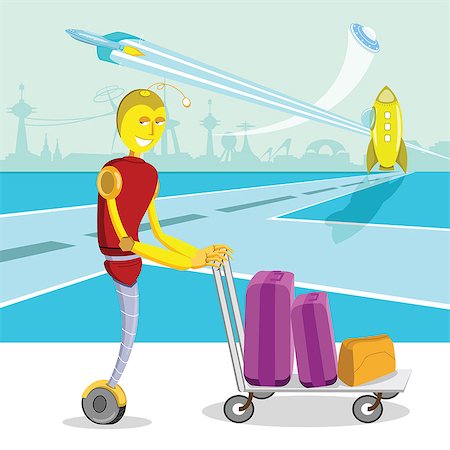 Futuristic robot pushing luggage on a cart at an airport Photographie de stock - Premium Libres de Droits, Code: 630-06723963