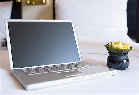 Gros plan d'un ordinateur portable et un vase de fleurs sur le lit dans une chambre d'hôtel Photographie de stock - Premium Libres de Droits, Code: 630-01708436