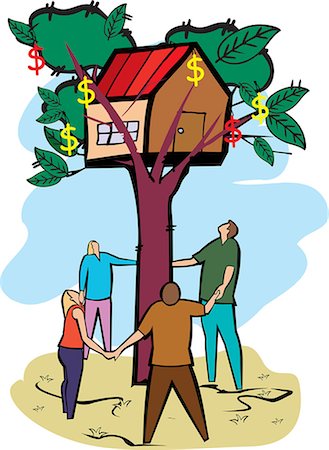 Quatre personnes debout autour d'une maison sur un arbre Photographie de stock - Premium Libres de Droits, Code: 630-03481374