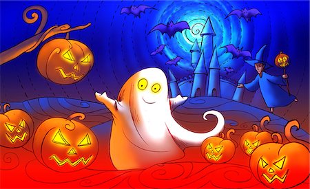 people illustration photo - Close-up of Jack O' lanterns with a ghost Stock Photo - Premium Royalty-Free, Code: 630-03481383