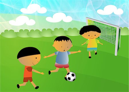 soccer player kicking ball into the goal - Three boys playing soccer Stock Photo - Premium Royalty-Free, Code: 630-03481944