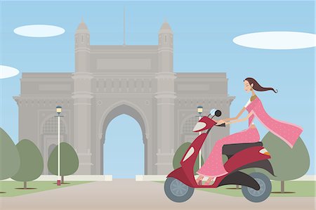 Woman riding a motor scooter in front of a monument, Gateway Of India, Mumbai, Maharashtra, India Stock Photo - Premium Royalty-Free, Code: 630-03482204