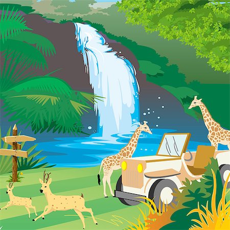 rain forest green animal - Animals with a jeep near a waterfall Stock Photo - Premium Royalty-Free, Code: 630-03482323