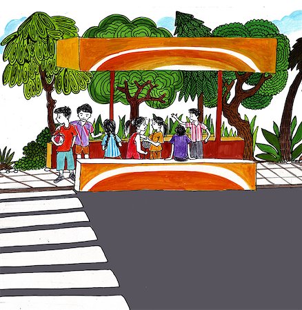 road illustration - Kids waiting at bus stop Stock Photo - Premium Royalty-Free, Code: 630-03482435