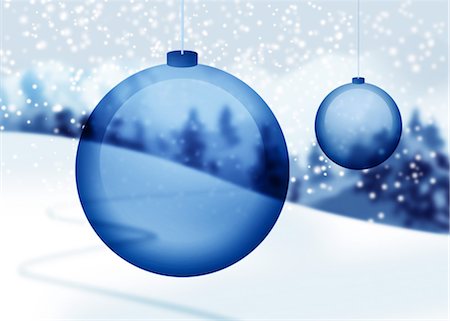 seasons illustration - Transparent blue Christmas ornaments with snowy countryside in background Stock Photo - Premium Royalty-Free, Code: 632-05817166